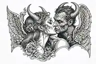 Devil man with horn Kissing a beautiful angel woman .dark background with night sky tattoo design idea