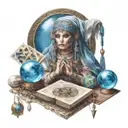 beautiful fortune teller with tarot cards and a blue crystal ball and dice around the fortune teller tattoo design idea