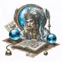 beautiful fortune teller with tarot cards and a blue crystal ball and dice around the fortune teller tattoo design idea