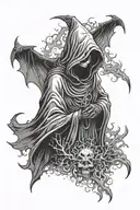 Hooded Reaper Silohuette, Smoke, Fire, Scary, Bat Wings  tattoo design idea