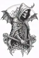 Hooded Reaper Silohuette, Smoke, Fire, Scary, Bat Wings  tattoo design idea