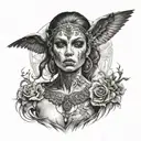 deamon woman with black eyes stand posing  tattoo design idea