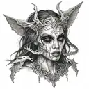 deamon woman with black eyes stand posing  tattoo design idea