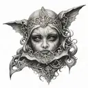 deamon woman with black eyes stand posing  tattoo design idea