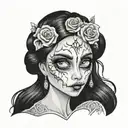 Emily Corpse Bride wielding  big eyes long black hair smudged mascara tattoo design idea