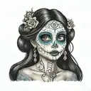 Emily Corpse Bride wielding  big eyes long black hair smudged mascara tattoo design idea