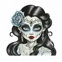 Emily Corpse Bride wielding  big eyes long black hair smudged mascara tattoo design idea