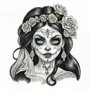 Emily Corpse Bride wielding  big eyes long black hair smudged mascara tattoo design idea
