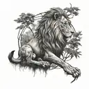 lion jungle forest with trees pentagrams tattoo design idea