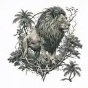 lion jungle forest with trees pentagrams tattoo design idea