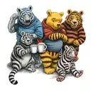 Winnie the Pooh with friends Tigger Piglet Eeyore holding a coffee mug tattoo design idea