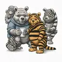 Winnie the Pooh with friends Tigger Piglet Eeyore holding a coffee mug tattoo design idea