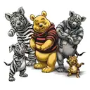 Winnie the Pooh with friends Tigger Piglet Eeyore holding a coffee mug tattoo design idea