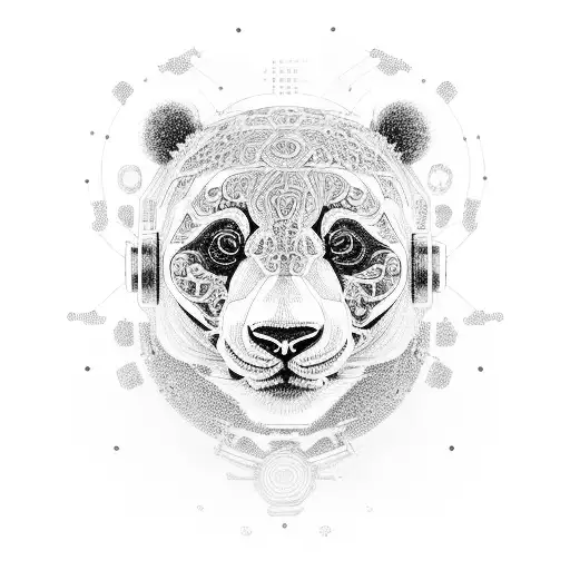 An intricate design of a panda and jaguar in a cyberpunk anime style, surrounded by computer code and virtual reality elements tattoo design idea