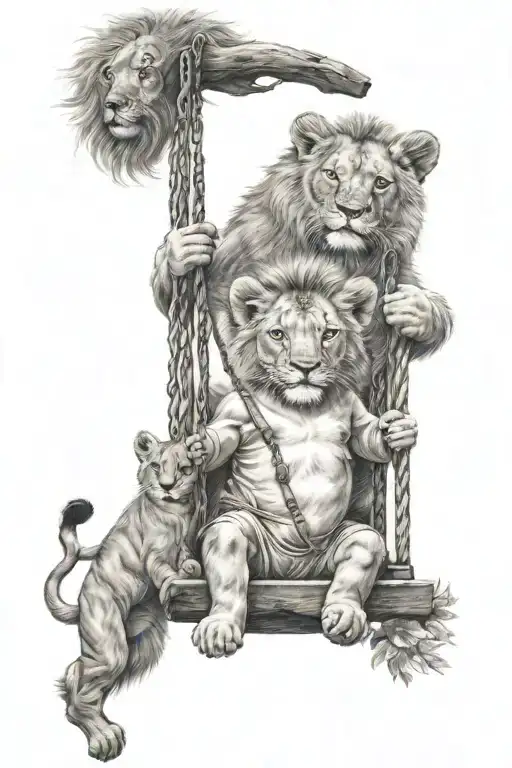 an child in a swing and next to him is standing a lion tattoo design idea
