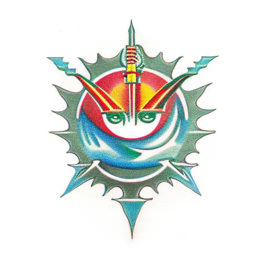 Douglas Crest merged woth the Eye of Horus, blue, green and orange shades surrounding design. tattoo design idea