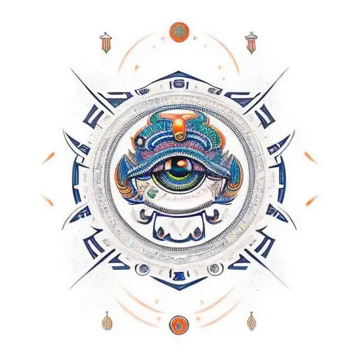 Douglas Crest merged with the Eye of Horus, blue, green and orange shades surrounding design. tattoo design idea