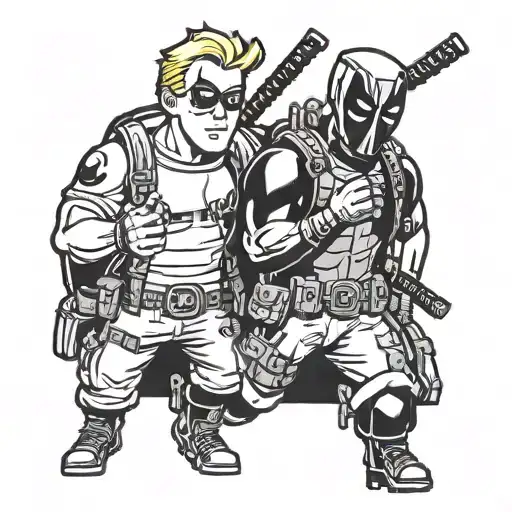    vault boy from fallout  and deadpool hanging out  tattoo design idea