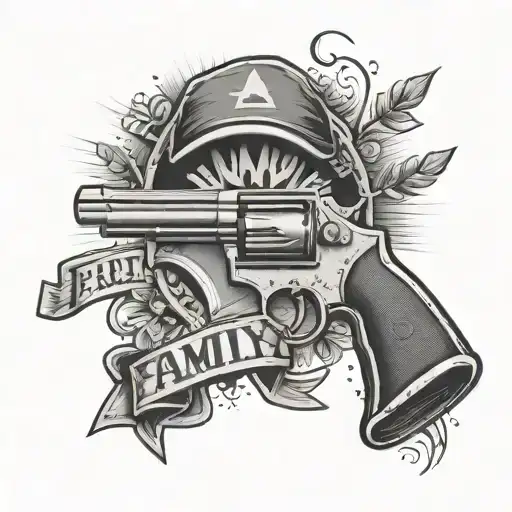 A realistic depiction of a gun from Call of Duty with a banner that reads 'Family First', symbolizing the client's dedication to both his work and loved ones tattoo design idea