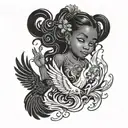 Black little girl and a phoenix rising from the ashes tattoo design idea