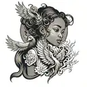Black little girl and a phoenix rising from the ashes tattoo design idea