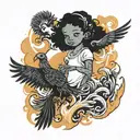 Black little girl and a phoenix rising from the ashes tattoo design idea