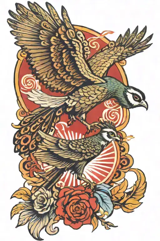 create an Americana style tattoo of a flying Peacock fighting an flying owl. with an all seeing eye wachting the fight.  tattoo design idea