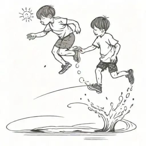 kids jumping in a puddle with the water splashing up tattoo design idea