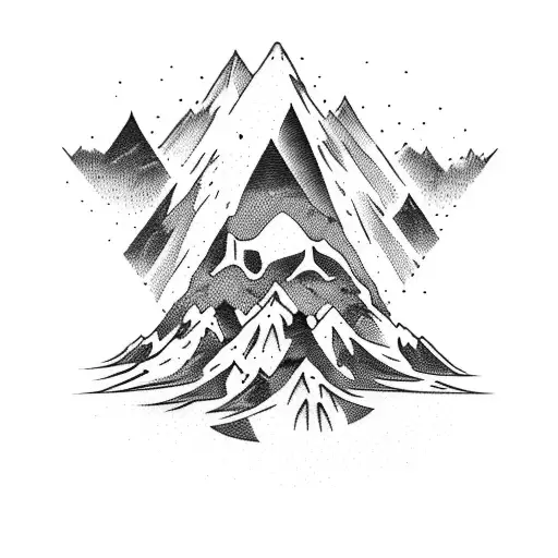 A blackwork tattoo of a mountain range with hidden horror elements like skulls and ghosts tattoo design idea