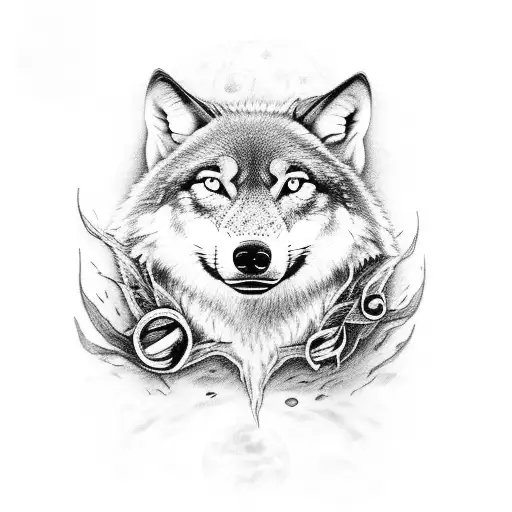 A detailed black and grey tattoo of a wolf howling at a full moon, with musical notes subtly incorporated into the design tattoo design idea