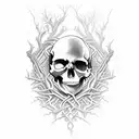 An intricate design featuring a skull surrounded by twisted tree branches in a dark, eerie forest setting tattoo design idea
