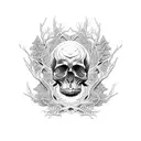 An intricate design featuring a skull surrounded by twisted tree branches in a dark, eerie forest setting tattoo design idea