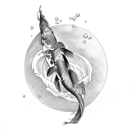 Create a sketch style tattoo of a koi fish jumping over a wind bar tattoo design idea