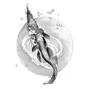 Create a sketch style tattoo of a koi fish jumping over a wind bar tattoo design idea