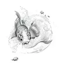 Create a sketch style tattoo of a koi fish jumping over a wind bar tattoo design idea