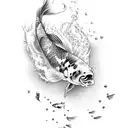 Create a sketch style tattoo of a koi fish jumping over a wind bar tattoo design idea