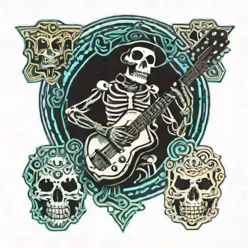 american traditional inspired skeleton mariachi playing guitar tattoo design idea