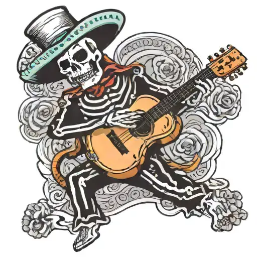 american traditional inspired skeleton mariachi charro playing guitar black and white tattoo design idea