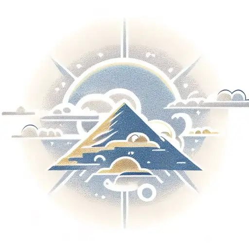 Sun shining trough clouds above mountain. Roadbike passes tattoo design idea