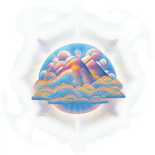 Sun shining trough clouds above mountain. Roadbike passes tattoo design idea