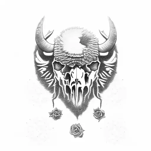 Skoda yeti with a bison skull on the bonnet driving through the eye of a candy crow skull as roses explode everywhere tattoo design idea