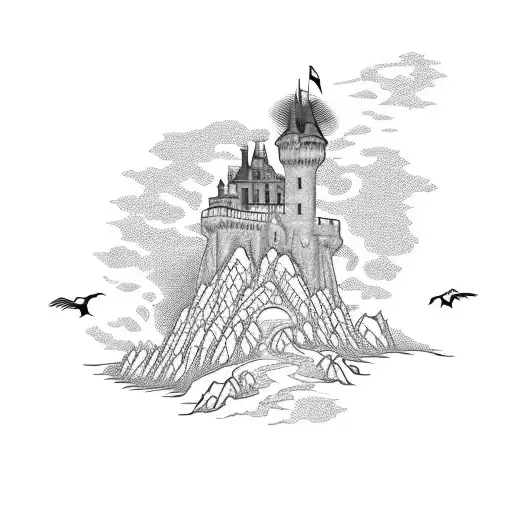 A majestic castle with a lake in front of it. A dragon wrapped around the castle tower. crows flying in the background tattoo design idea