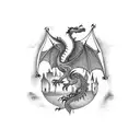 A majestic castle with a lake in front of it. A dragon wrapped around the castle tower. crows flying in the background tattoo design idea