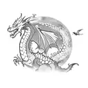 A majestic castle with a lake in front of it. A dragon wrapped around the castle tower. crows flying in the background tattoo design idea