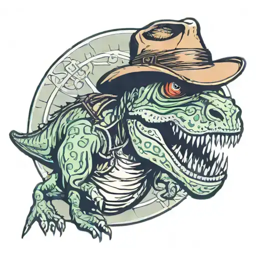 t-Rex dressed as Indiana Jones tattoo design idea