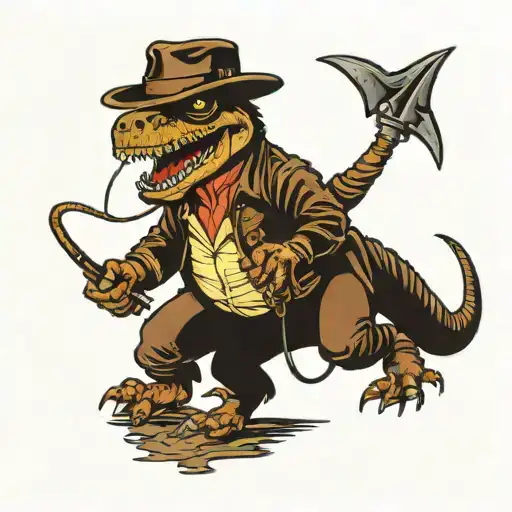 t-Rex dressed as Indiana Jones with leather jacket and whip  tattoo design idea