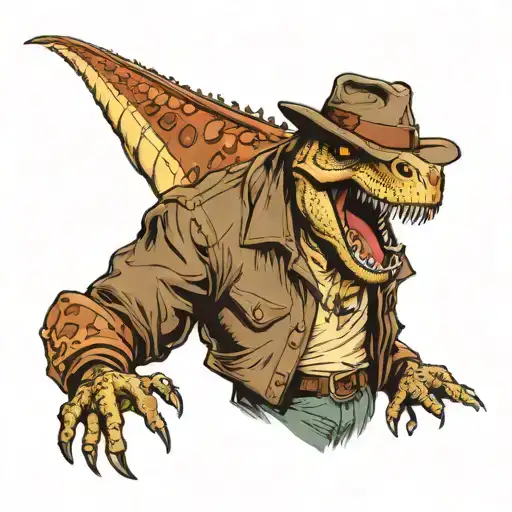 t-Rex dressed as Indiana Jones with leather jacket and whip  tattoo design idea