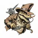 t-Rex dressed as Indiana Jones with leather jacket and whip funny tattoo design idea