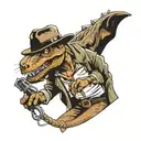 t-Rex dressed as Indiana Jones with leather jacket and whip funny tattoo design idea
