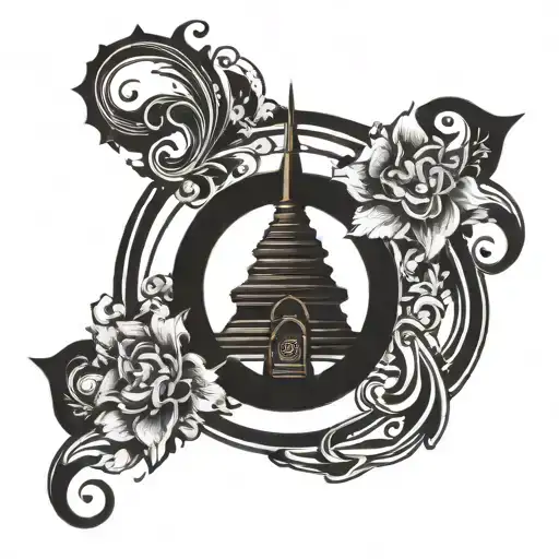 Abstract tattoo design inspired by the concept of a monastery, Shiva, and flowers intertwined in a unique way tattoo design idea